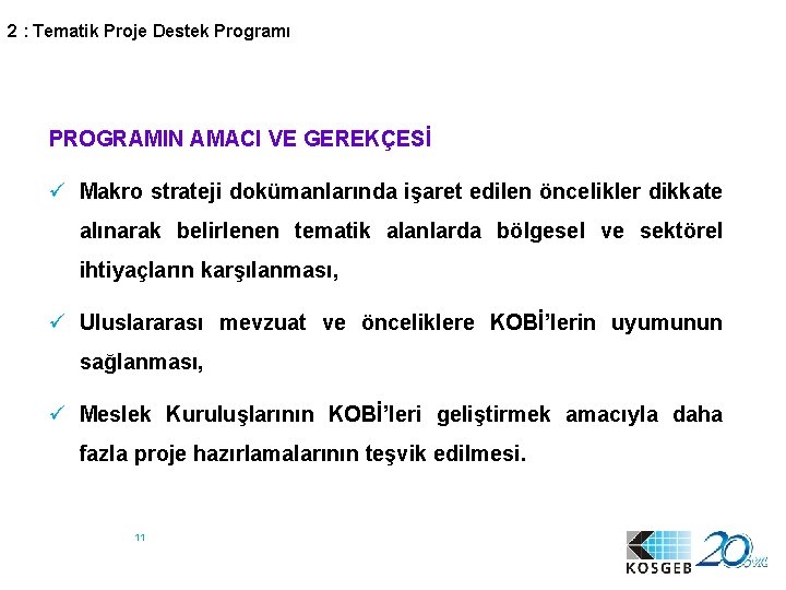 2 : Tematik Proje Destek Programı PROGRAMIN AMACI VE GEREKÇESİ ü Makro strateji dokümanlarında
