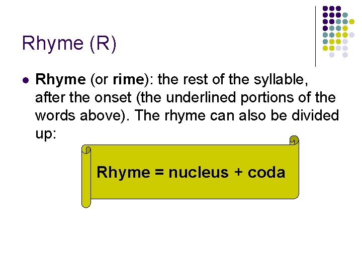 Rhyme (R) l Rhyme (or rime): the rest of the syllable, after the onset Rhyme (R) l Rhyme (or rime): the rest of the syllable, after the onset