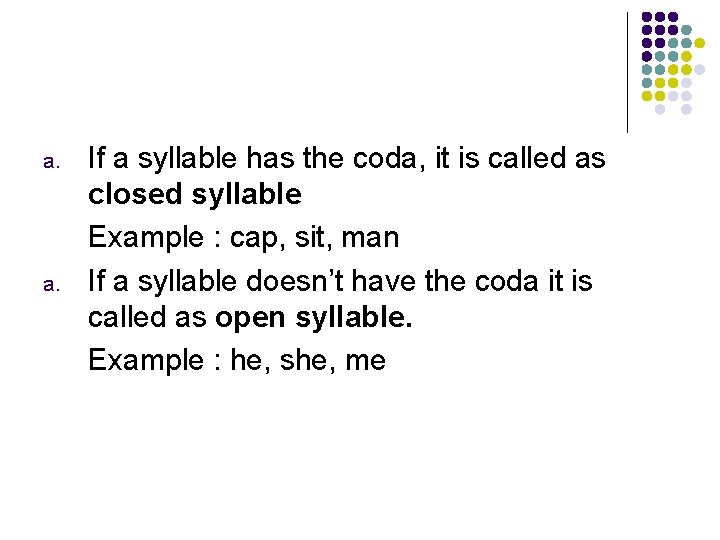 a. If a syllable has the coda, it is called as closed syllable Example