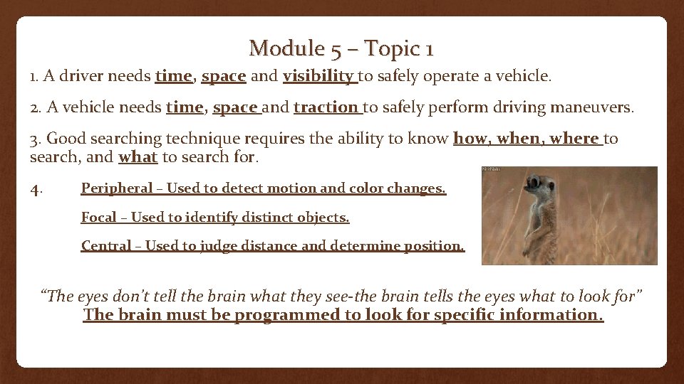 Module 5 – Topic 1 1. A driver needs time, space and visibility to