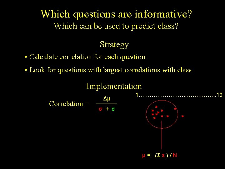 Which questions are informative? Which can be used to predict class? Strategy • Calculate