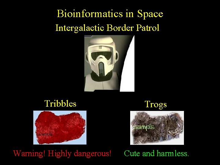 Bioinformatics in Space Intergalactic Border Patrol Tribbles Trogs Warning! Highly dangerous! Cute and harmless.