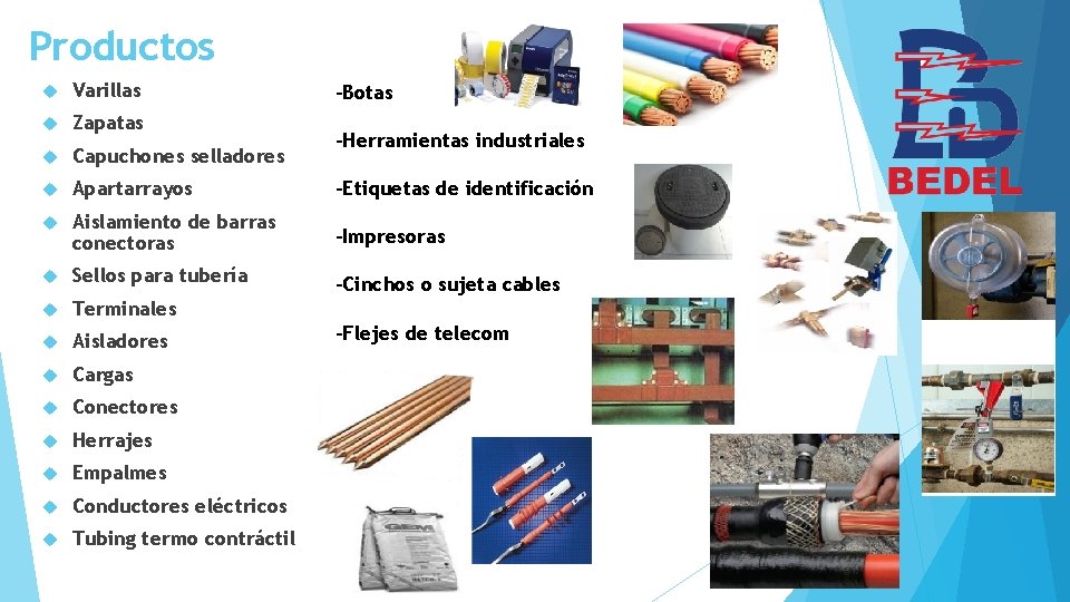 Productos Varillas Zapatas Capuchones selladores Apartarrayos -Etiquetas de identificación Aislamiento de barras conectoras -Impresoras