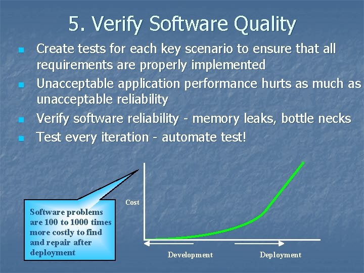 5. Verify Software Quality n n Create tests for each key scenario to ensure