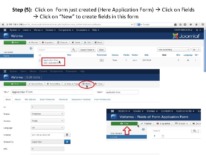 Step (5): Click on Form just created (Here Application Form) Click on Fields Click
