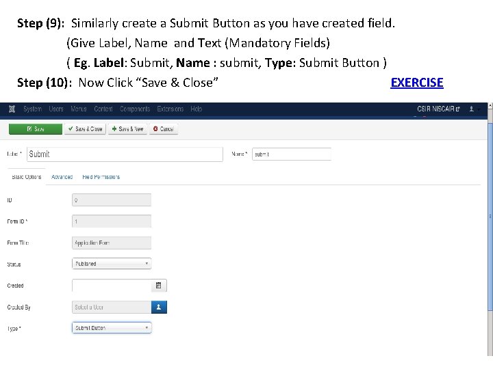 Step (9): Similarly create a Submit Button as you have created field. (Give Label,