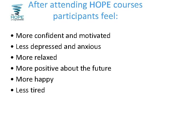 After attending HOPE courses participants feel: • More confident and motivated • Less depressed