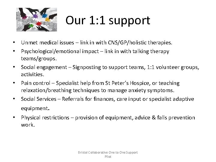 Our 1: 1 support • Unmet medical issues – link in with CNS/GP/holistic therapies.