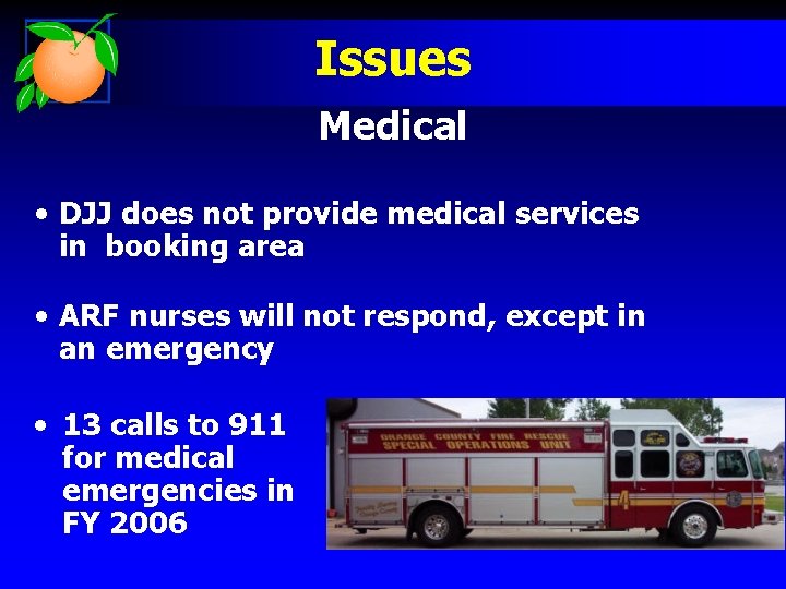 Issues Medical • DJJ does not provide medical services in booking area • ARF