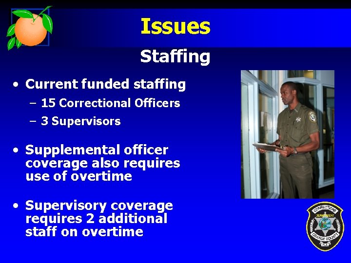 Issues Staffing • Current funded staffing – 15 Correctional Officers – 3 Supervisors •