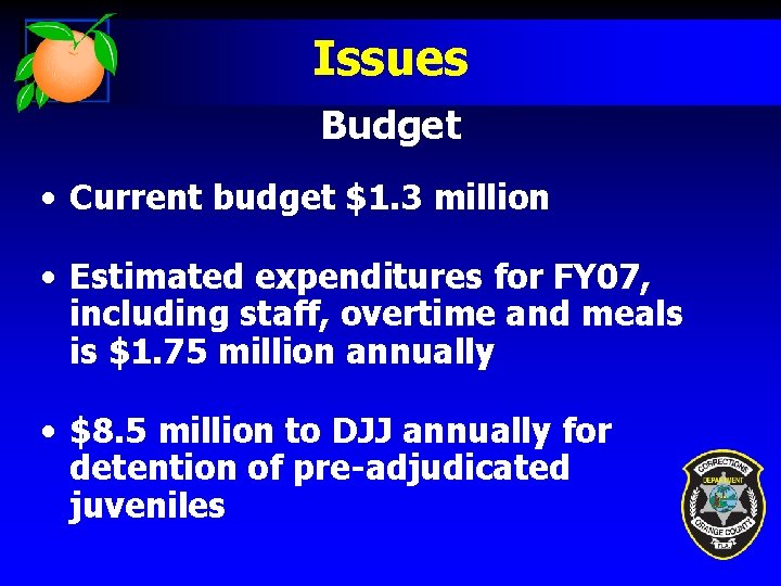 Issues Budget • Current budget $1. 3 million • Estimated expenditures for FY 07,