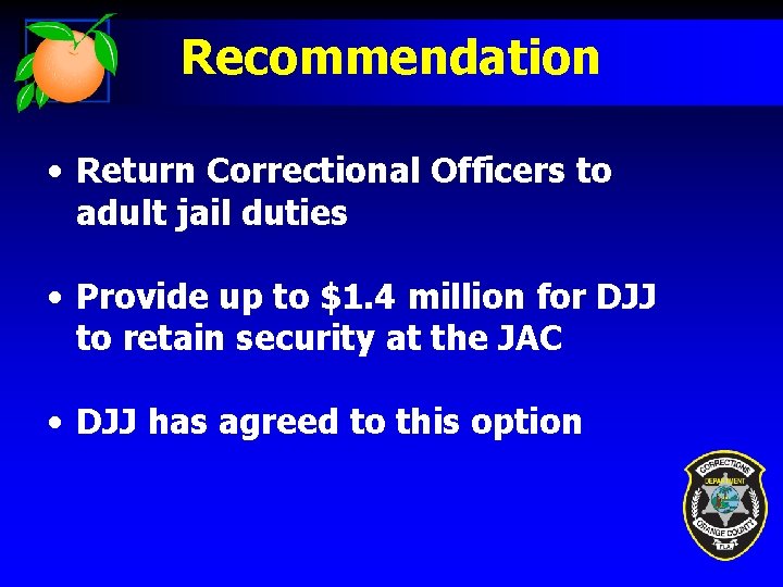 Recommendation • Return Correctional Officers to adult jail duties • Provide up to $1.