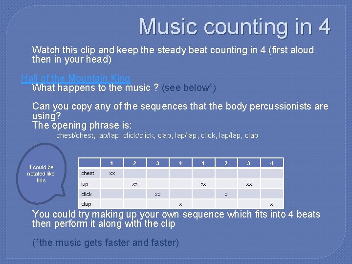 Music counting in 4 � Watch this clip and keep the steady beat counting
