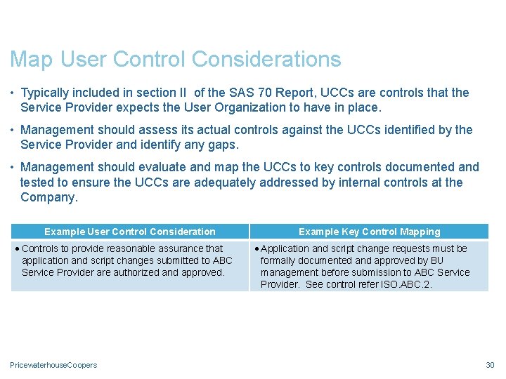 Map User Control Considerations • Typically included in section II of the SAS 70