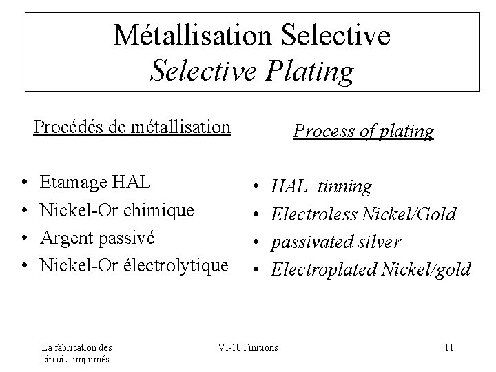 Métallisation Selective Plating Procédés de métallisation • • Etamage HAL Nickel-Or chimique Argent passivé