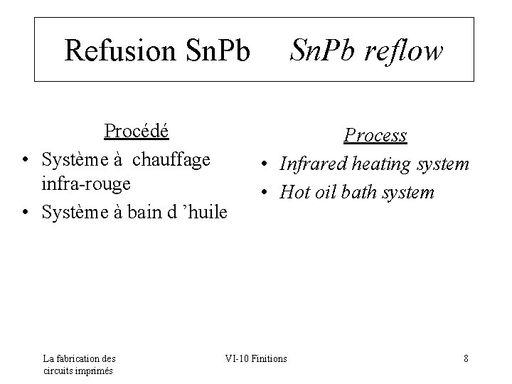 Refusion Sn. Pb reflow Procédé • Système à chauffage infra-rouge • Système à bain