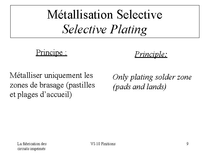 Métallisation Selective Plating Principe : Principle: Métalliser uniquement les zones de brasage (pastilles et