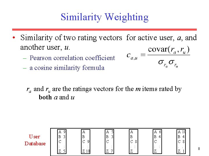 Similarity Weighting • Similarity of two rating vectors for active user, a, and another