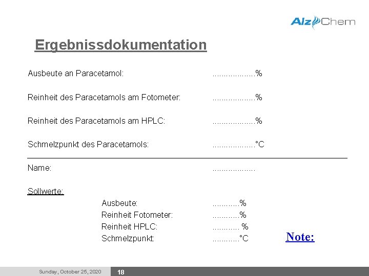 Ergebnissdokumentation Ausbeute an Paracetamol: . . % Reinheit des Paracetamols am Fotometer: . .