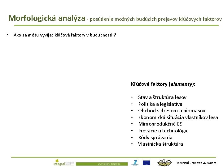 Morfologická analýza - posúdenie možných budúcich prejavov kľúčových faktorov • Ako sa môžu vyvíjať