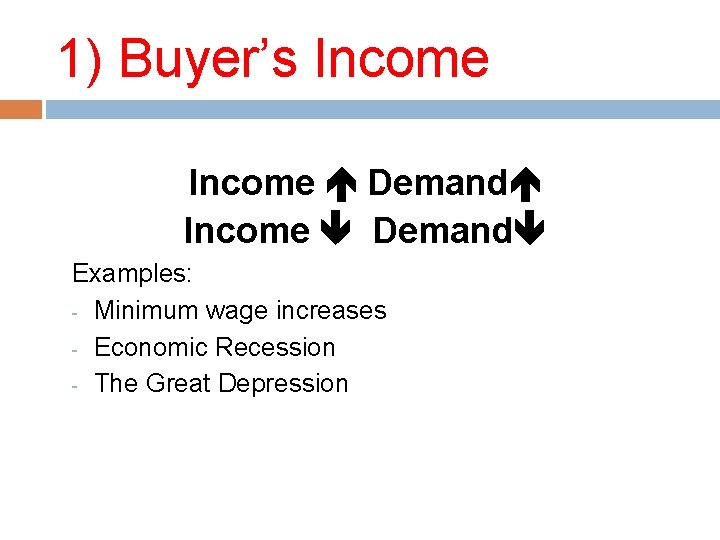 1) Buyer’s Income Demand Examples: - Minimum wage increases - Economic Recession - The