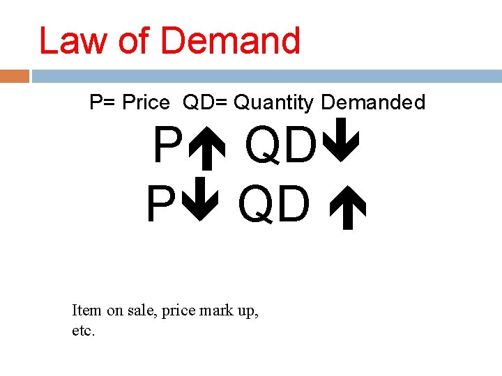 Law of Demand P= Price QD= Quantity Demanded P QD Item on sale, price