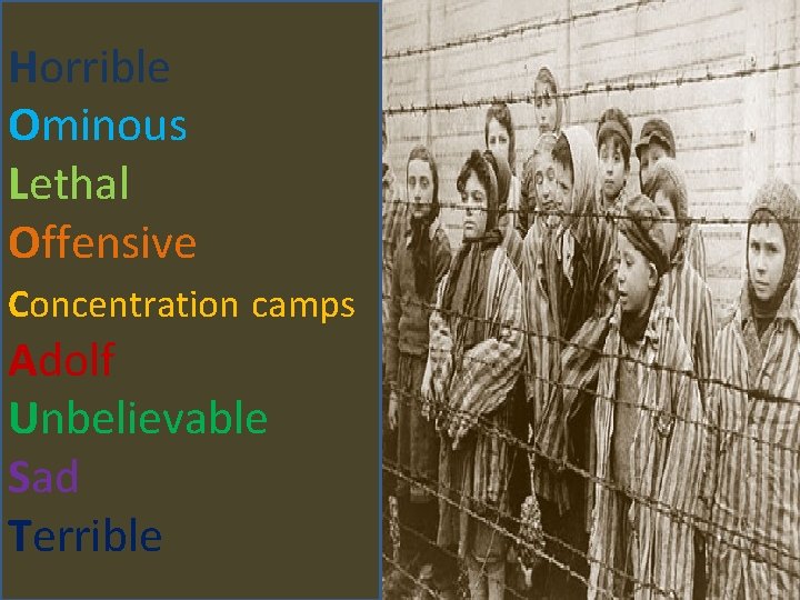 Horrible Ominous Lethal Offensive Concentration camps Adolf Unbelievable Sad Terrible 