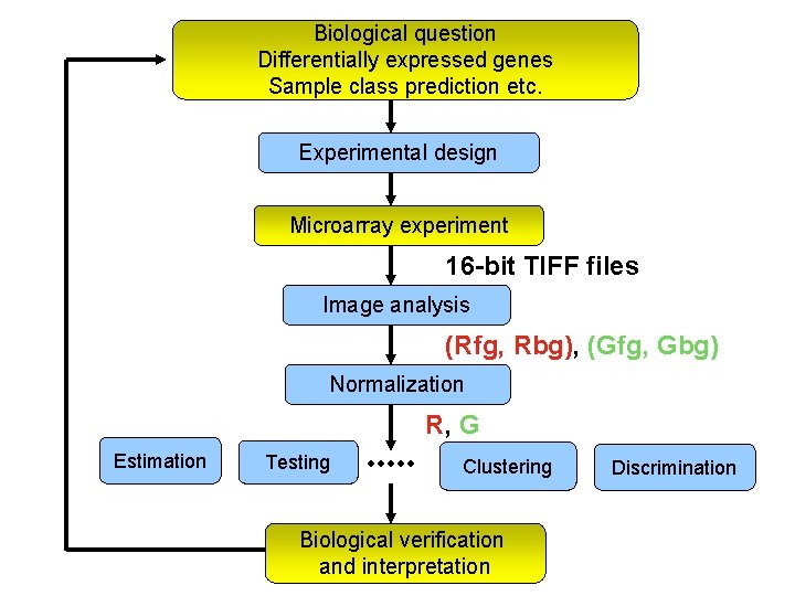 Biological question Differentially expressed genes Sample class prediction etc. Experimental design Microarray experiment 16