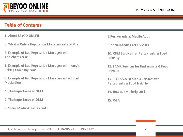 BEYOOONLINE. COM Table of Contents 1. About BEYOO ONLINE 8. Restaurants & Mobile Apps