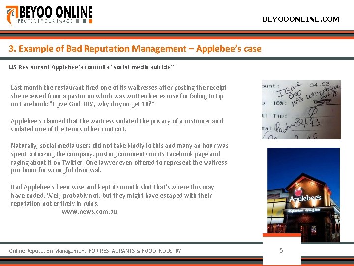 BEYOOONLINE. COM 3. Example of Bad Reputation Management – Applebee’s case US Restaurant Applebee’s