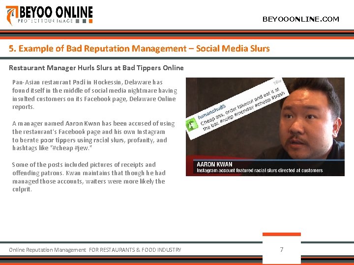 BEYOOONLINE. COM 5. Example of Bad Reputation Management – Social Media Slurs Restaurant Manager