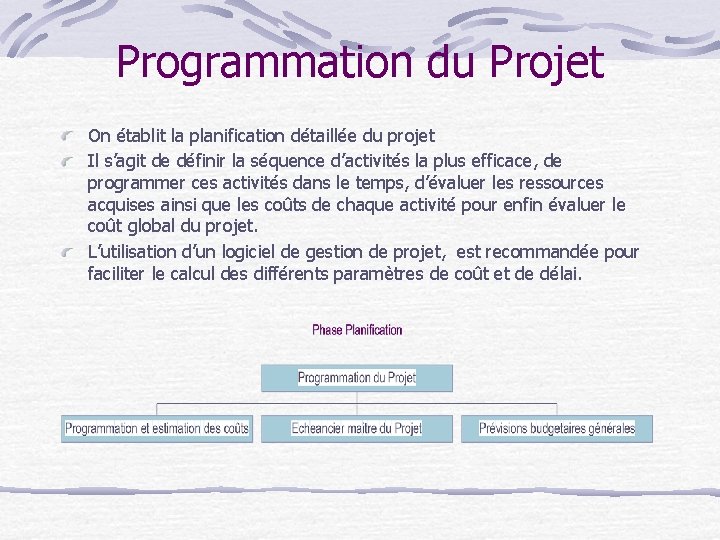 Programmation du Projet On établit la planification détaillée du projet Il s’agit de définir