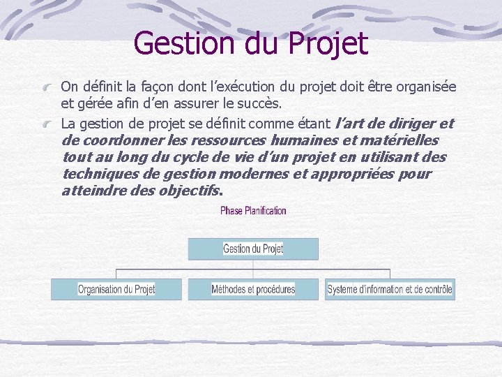 Gestion du Projet On définit la façon dont l’exécution du projet doit être organisée