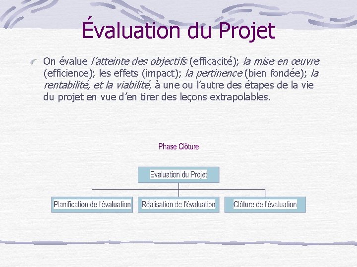 Évaluation du Projet On évalue l’atteinte des objectifs (efficacité); la mise en œuvre (efficience);