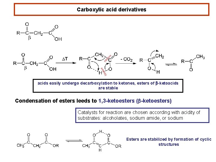 Carboxylic acid derivatives acids easily undergo decarboxylation to ketones, esters of b-ketoacids are stable