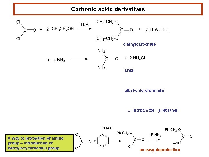 Carbonic acids derivatives diethylcarbonate urea alkyl-chloroformiate …. . karbamate (urethane) A way to protection