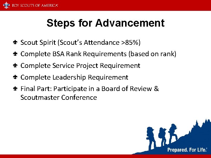 Steps for Advancement Scout Spirit (Scout’s Attendance >85%) Complete BSA Rank Requirements (based on