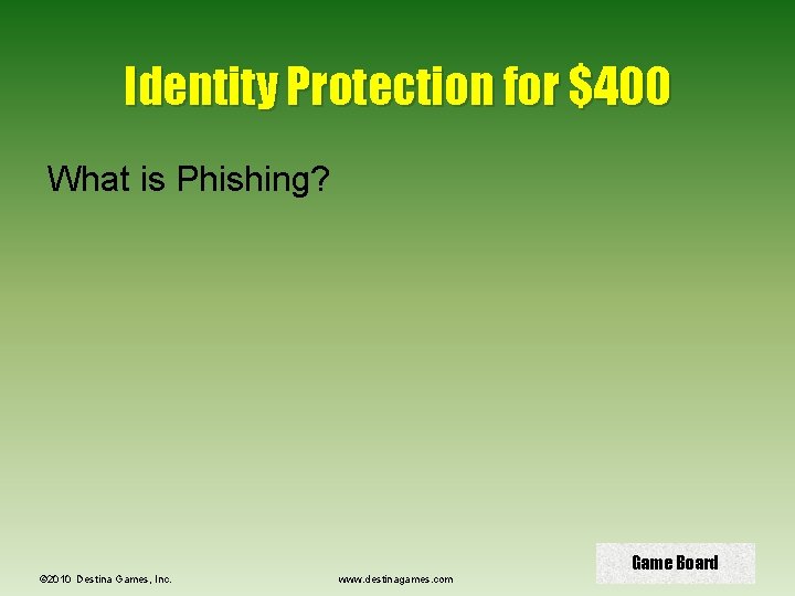 Identity Protection for $400 What is Phishing? © 2010 Destina Games, Inc. www. destinagames.