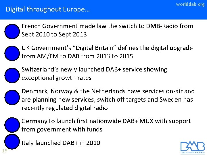 Digital throughout Europe… worlddab. org • French Government made law the switch to DMB-Radio