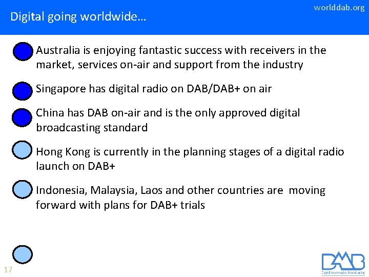 Digital going worldwide… worlddab. org • Australia is enjoying fantastic success with receivers in