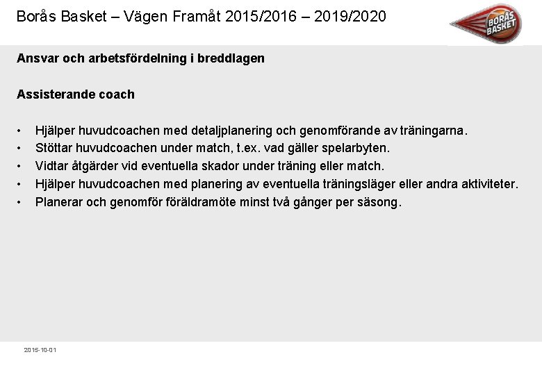 Borås Basket – Vägen Framåt 2015/2016 – 2019/2020 Ansvar och arbetsfördelning i breddlagen Assisterande