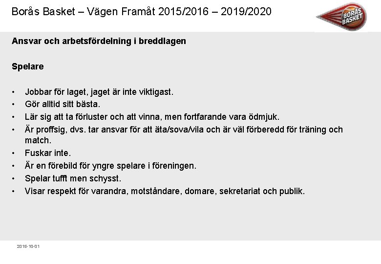 Borås Basket – Vägen Framåt 2015/2016 – 2019/2020 Ansvar och arbetsfördelning i breddlagen Spelare
