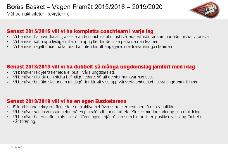 Borås Basket – Vägen Framåt 2015/2016 – 2019/2020 Mål och aktiviteter Rekrytering Senast 2015/2016