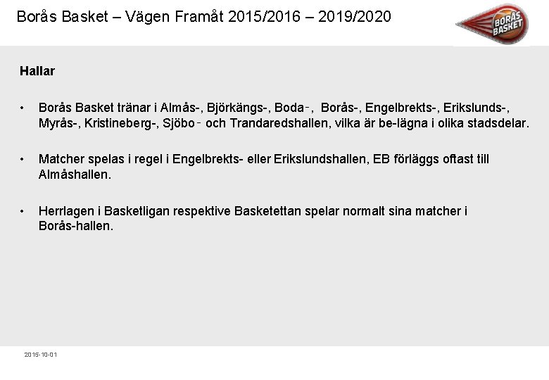 Borås Basket – Vägen Framåt 2015/2016 – 2019/2020 Hallar • Borås Basket tränar i