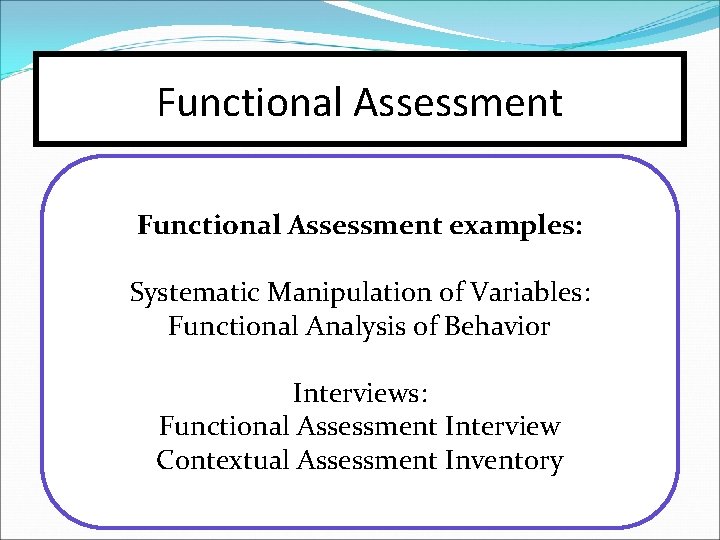 Functional Assessment examples: Systematic Manipulation of Variables: Functional Analysis of Behavior Interviews: Functional Assessment