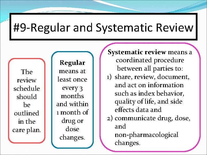 #9 -Regular and Systematic Review The review schedule should be outlined in the care