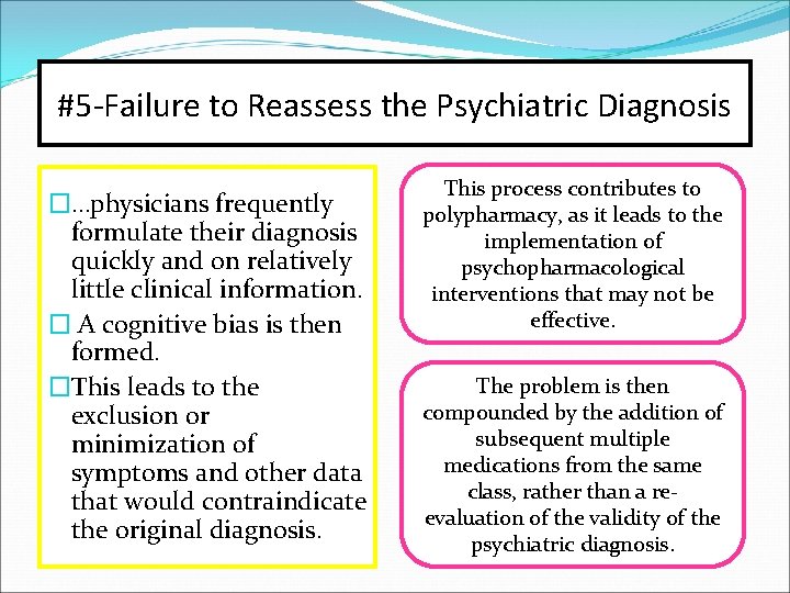 #5 -Failure to Reassess the Psychiatric Diagnosis �…physicians frequently formulate their diagnosis quickly and