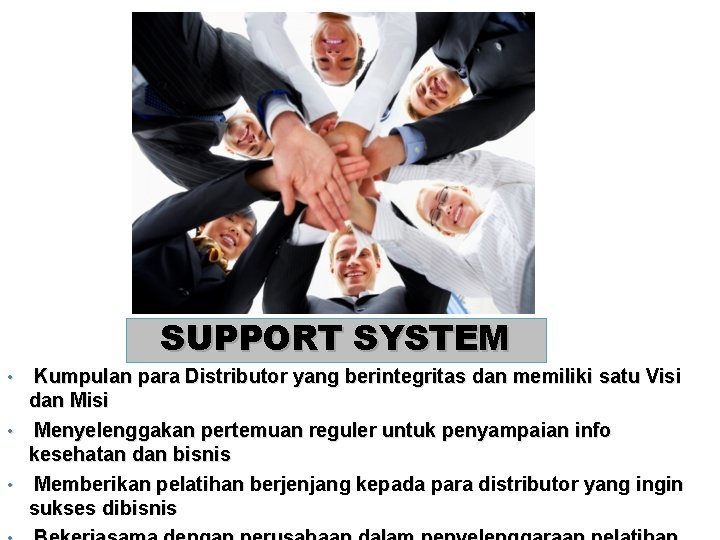 SUPPORT SYSTEM Kumpulan para Distributor yang berintegritas dan memiliki satu Visi dan Misi •