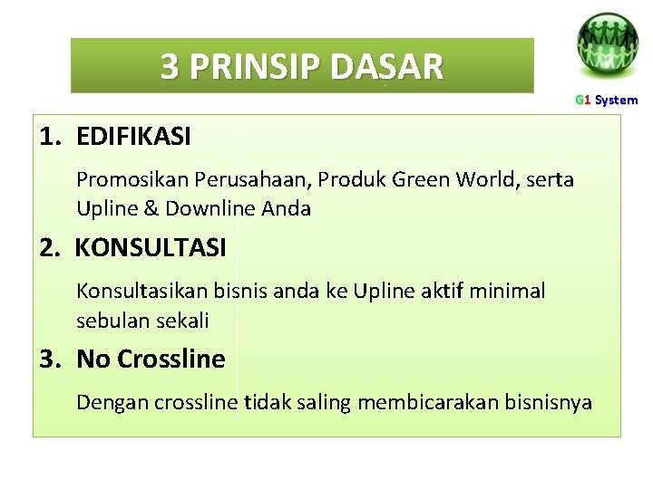 3 PRINSIP DASAR G 1 System 1. EDIFIKASI Promosikan Perusahaan, Produk Green World, serta