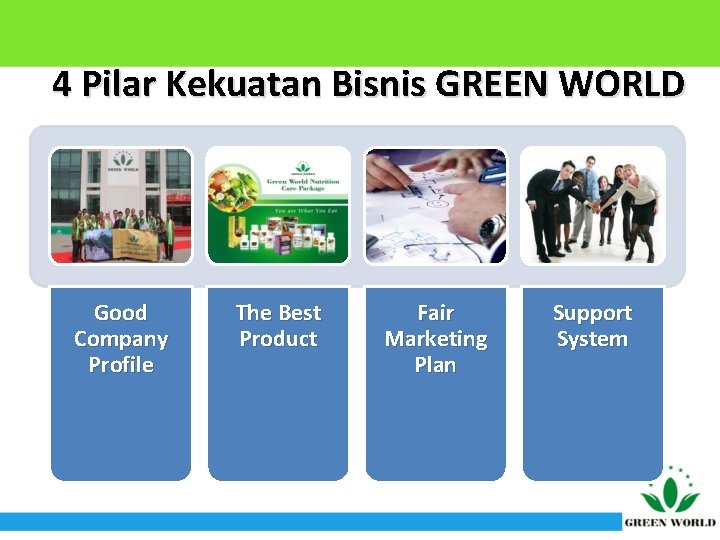 4 Pilar Kekuatan Bisnis GREEN WORLD Good Company Profile The Best Product Fair Marketing